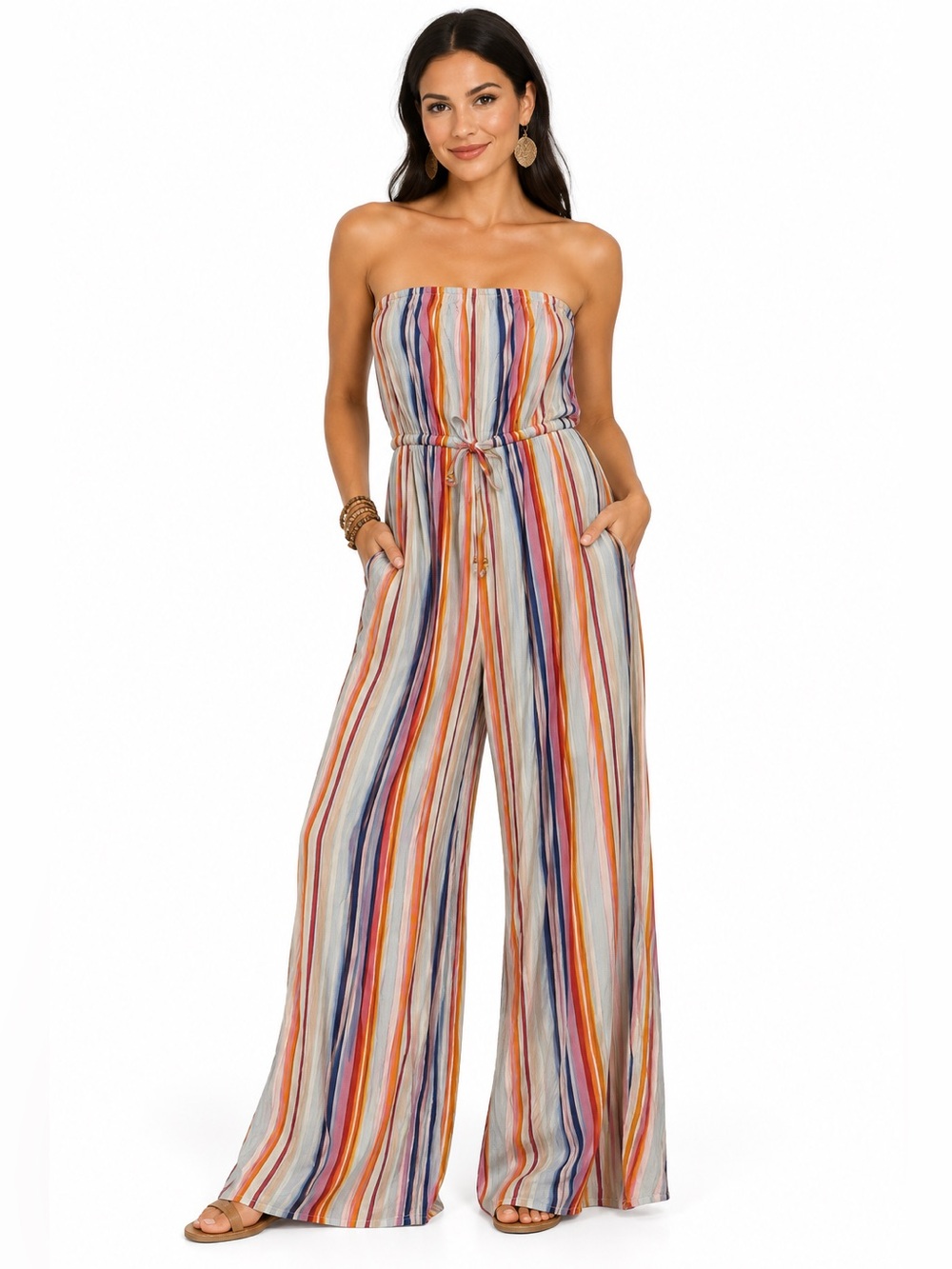 Versona 70s style Striped Multicolor Strapless Wide-Leg Jumpsuit Medium